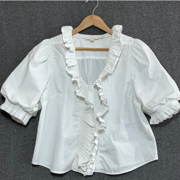 FOREVER THAT GIRL White Puff-Sleeve Ruffle Blouse Large Romantic Feminine Soft - Picture 1 of 10